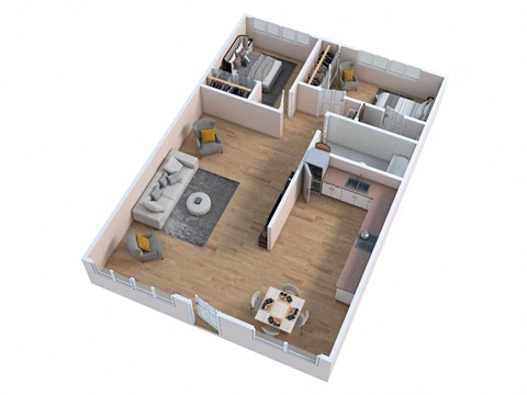 a 3d floor plan of a home with a bedroom and living room